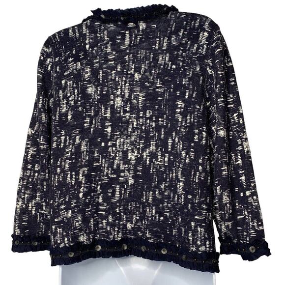 CHICO'S Women Cardigan Sz 1 Beaded Ruffle Blue/White Preppy Sweater pockets M - Picture 4 of 12